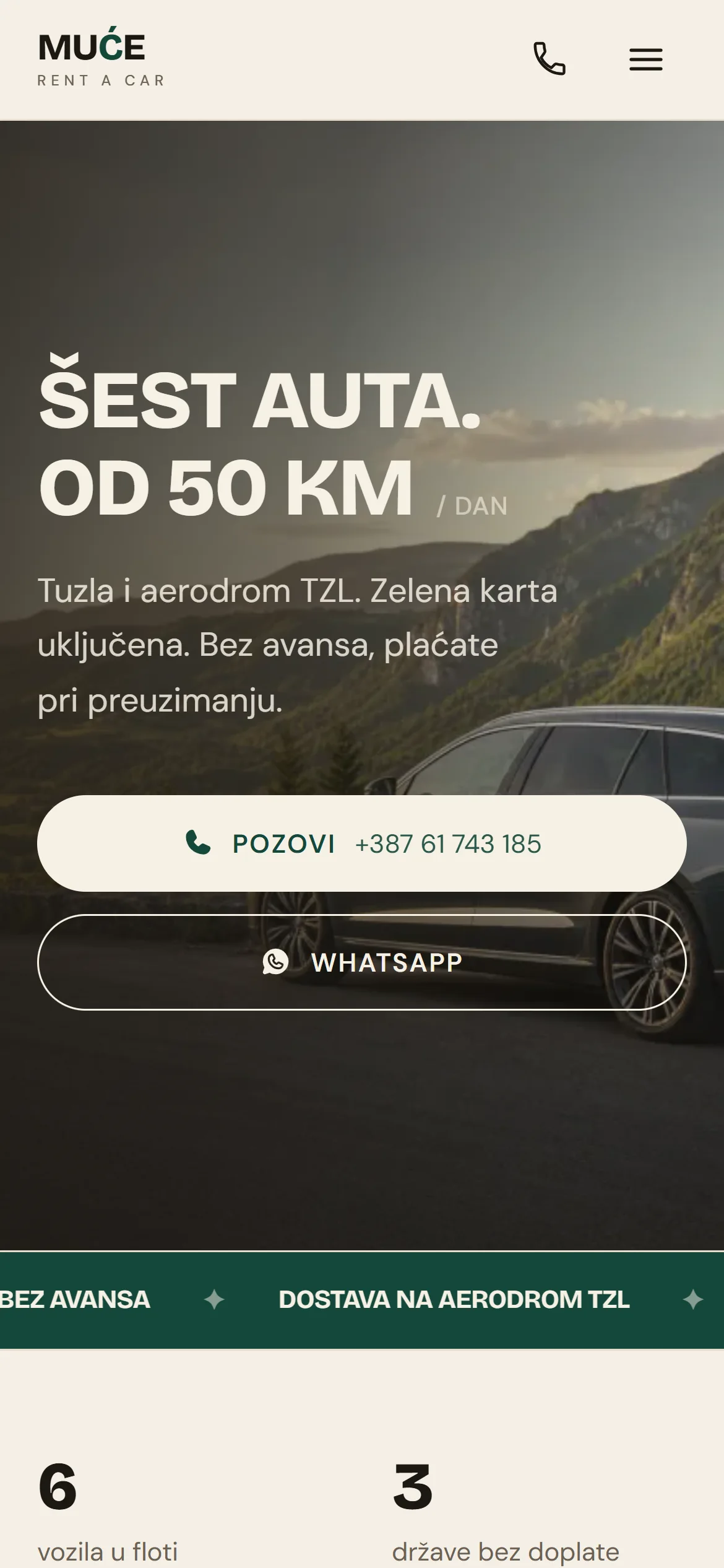 Muće rent a car: naslovna stranica na mobitelu