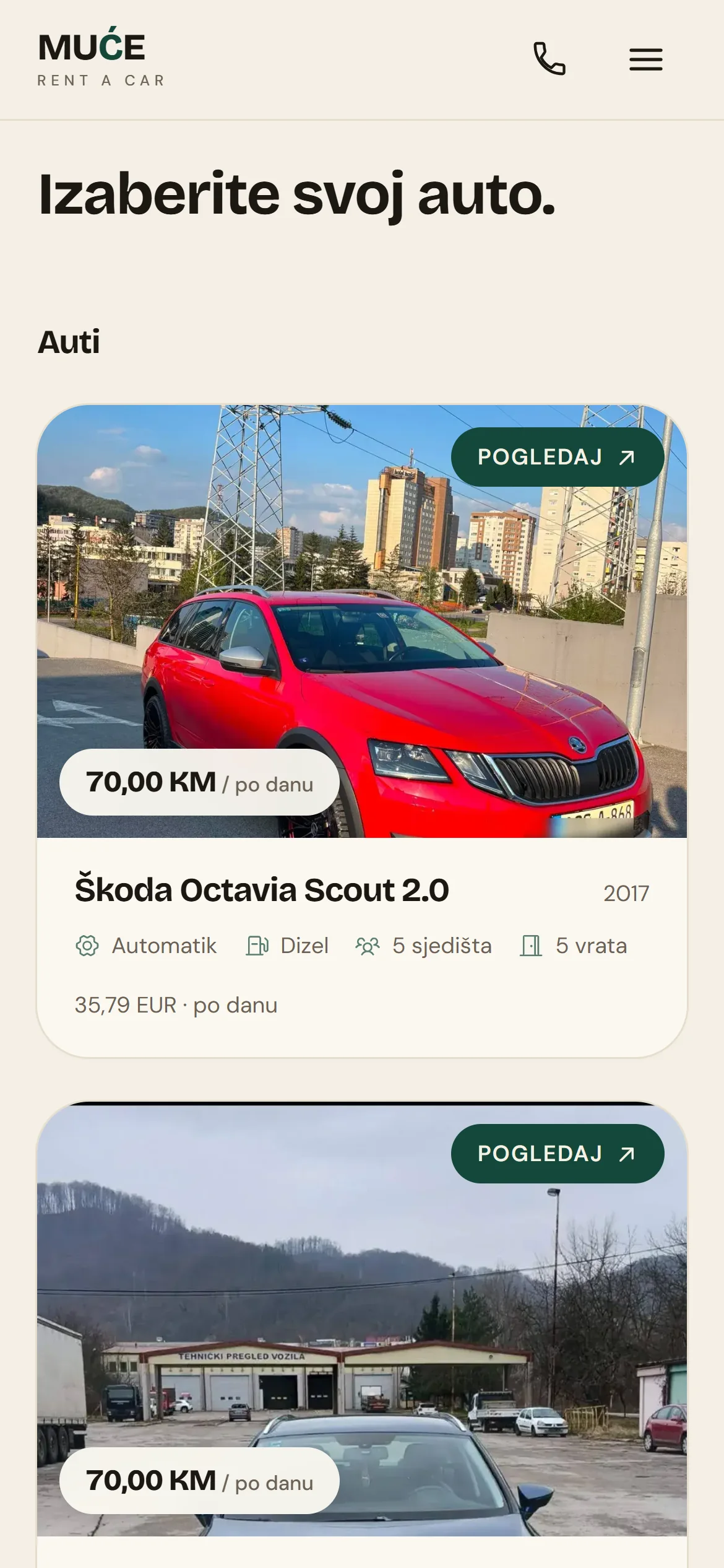Muće rent a car: druga sekcija na mobitelu